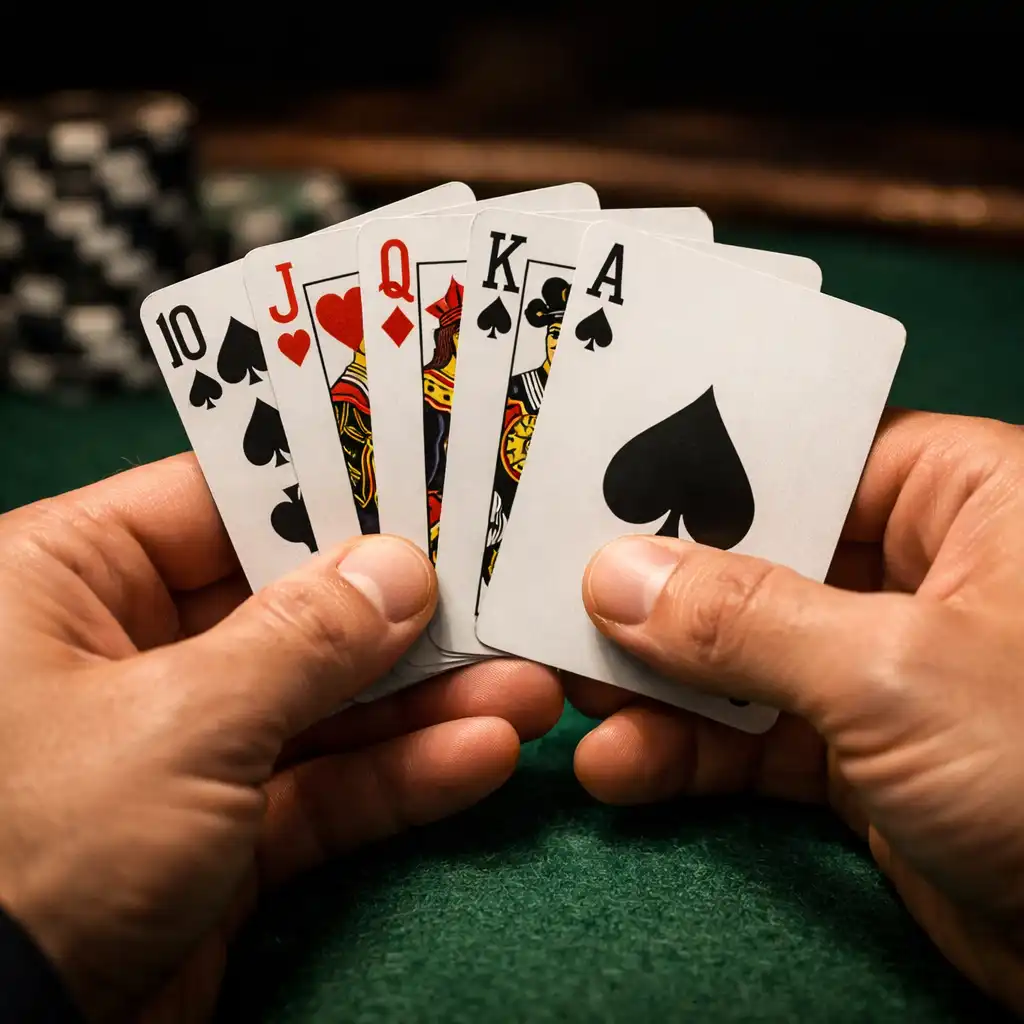 Close-up of a player's hands holding a fan of playing cards over green felt
