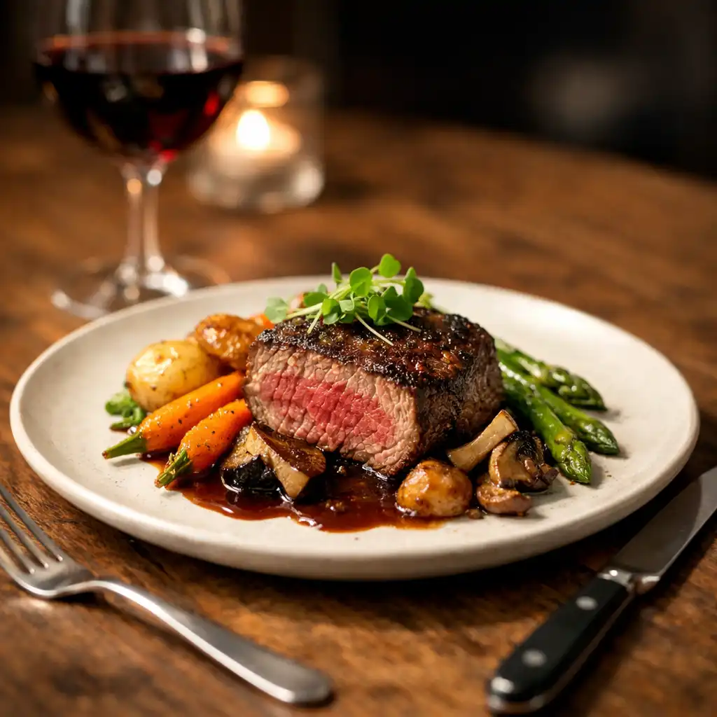 A beautifully plated gourmet dish on a wooden table with a glass of wine