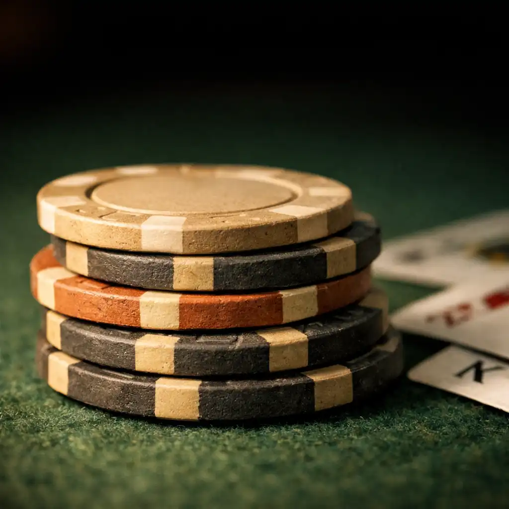 Macro photograph of poker chips and playing cards on deep green felt
