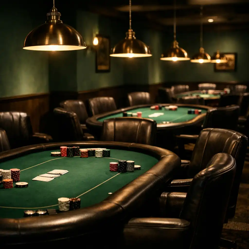 Interior of the Card Lounge showing a row of real poker tables under warm pendant lights