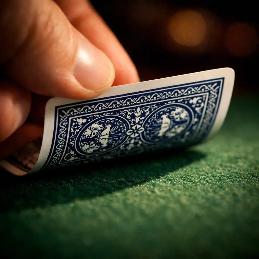 A hand lifting a playing card from a poker table in a relaxed lounge setting