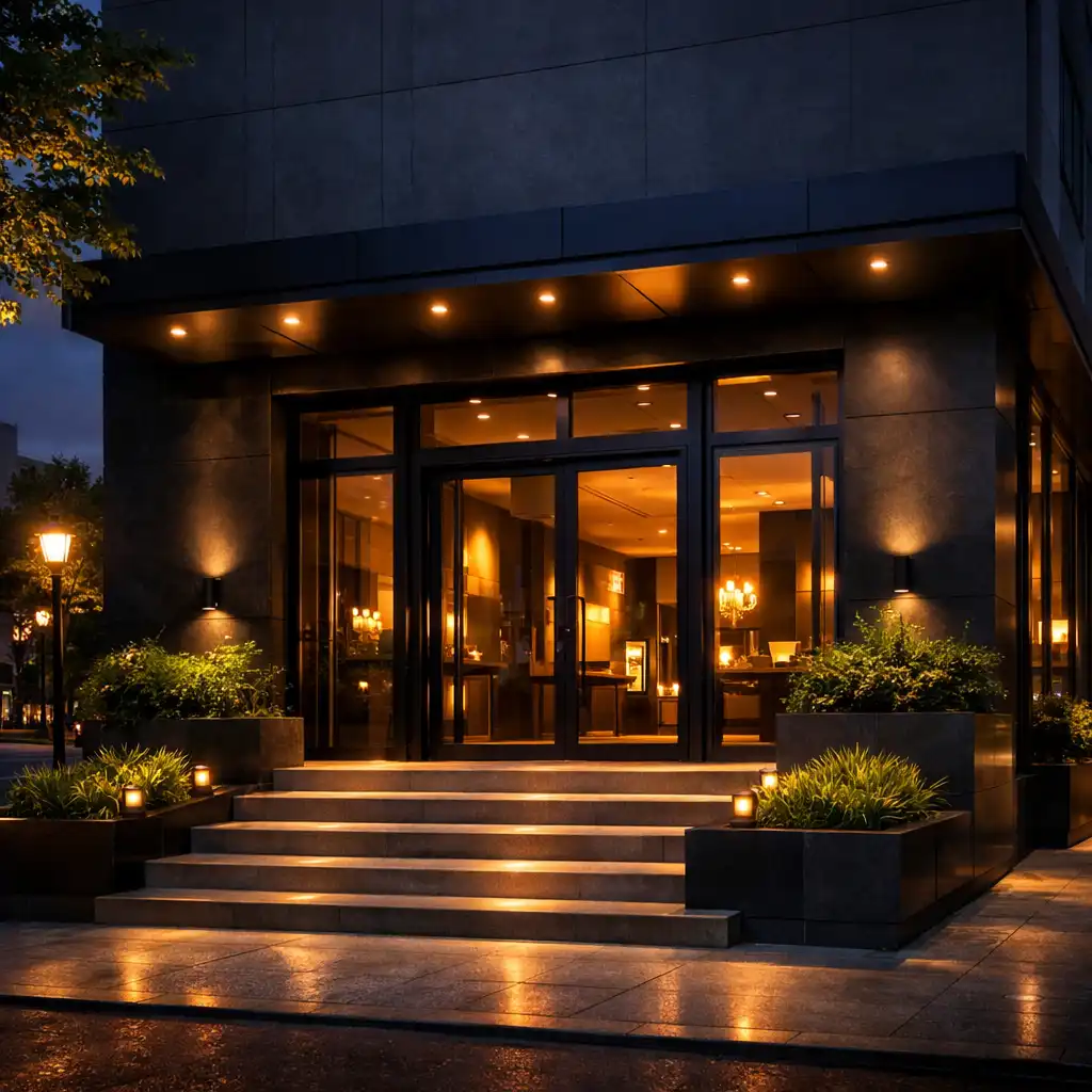Exterior of the Card Table Bush venue at dusk with warm light from the entrance