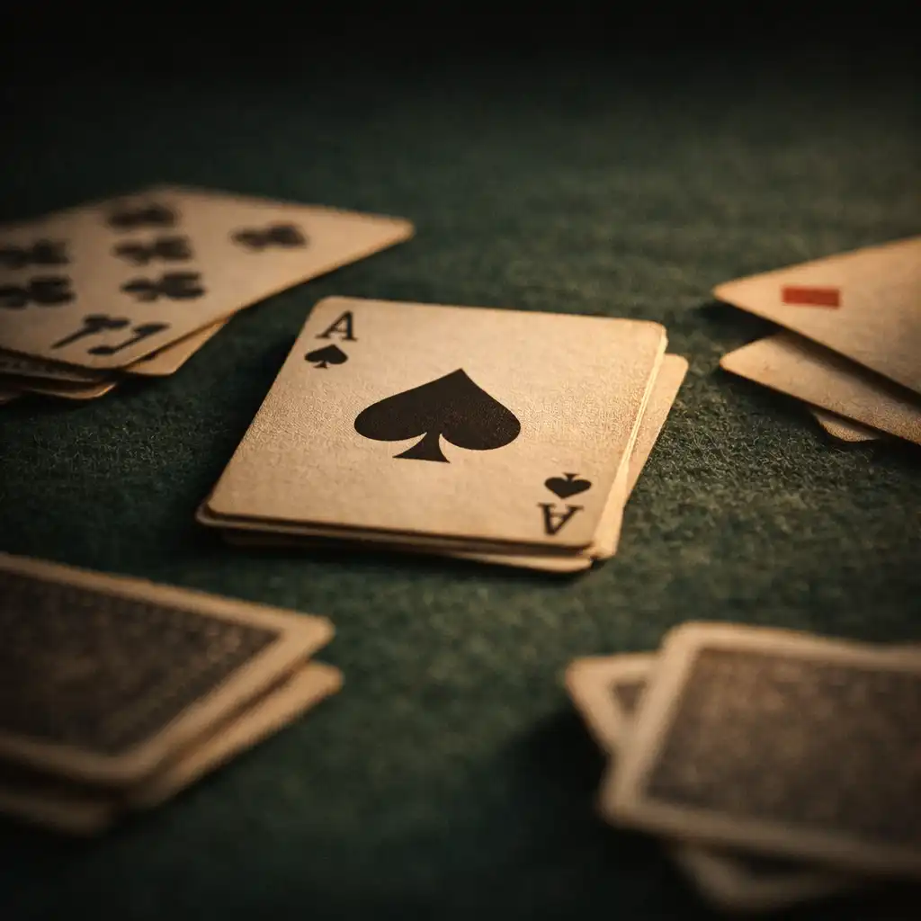 Macro photograph of playing cards spread face down on a deep green poker table felt
