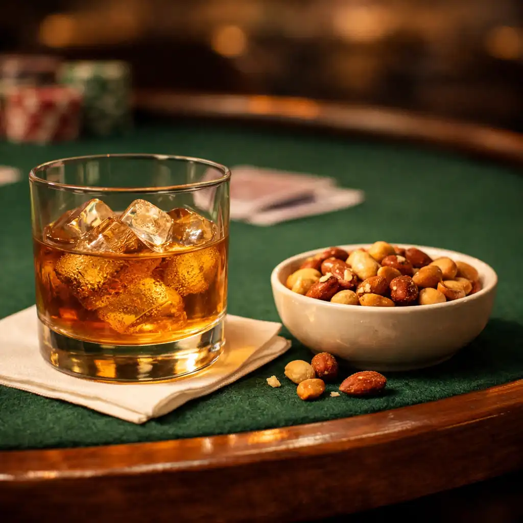 A drink and snack placed on the edge of a poker table during a break in play