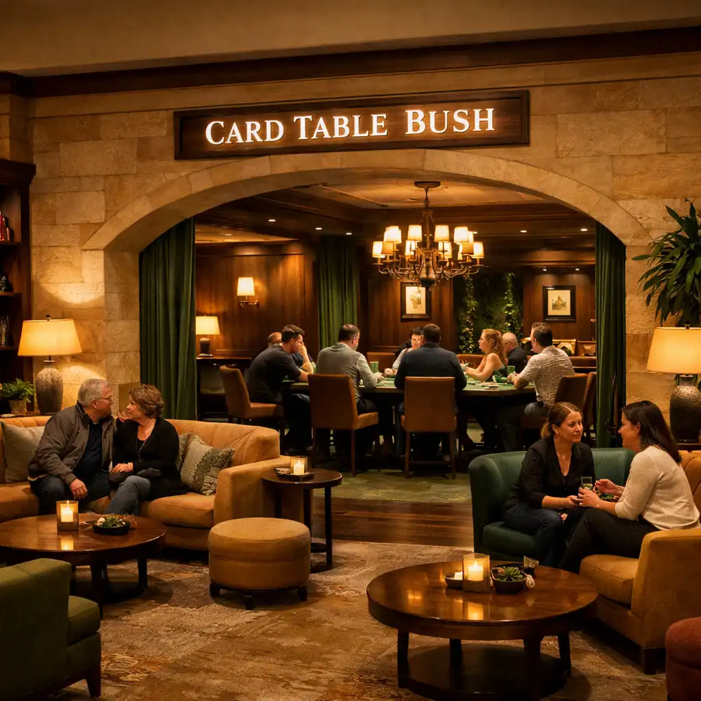 Comfortable seating in the Card Lounge with a poker table visible in the background