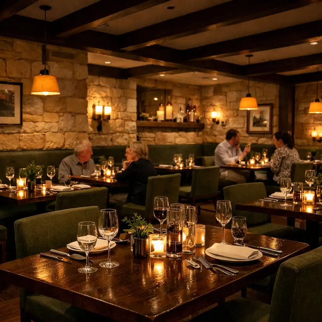 The restaurant dining area with set tables, sandstone walls and warm lighting