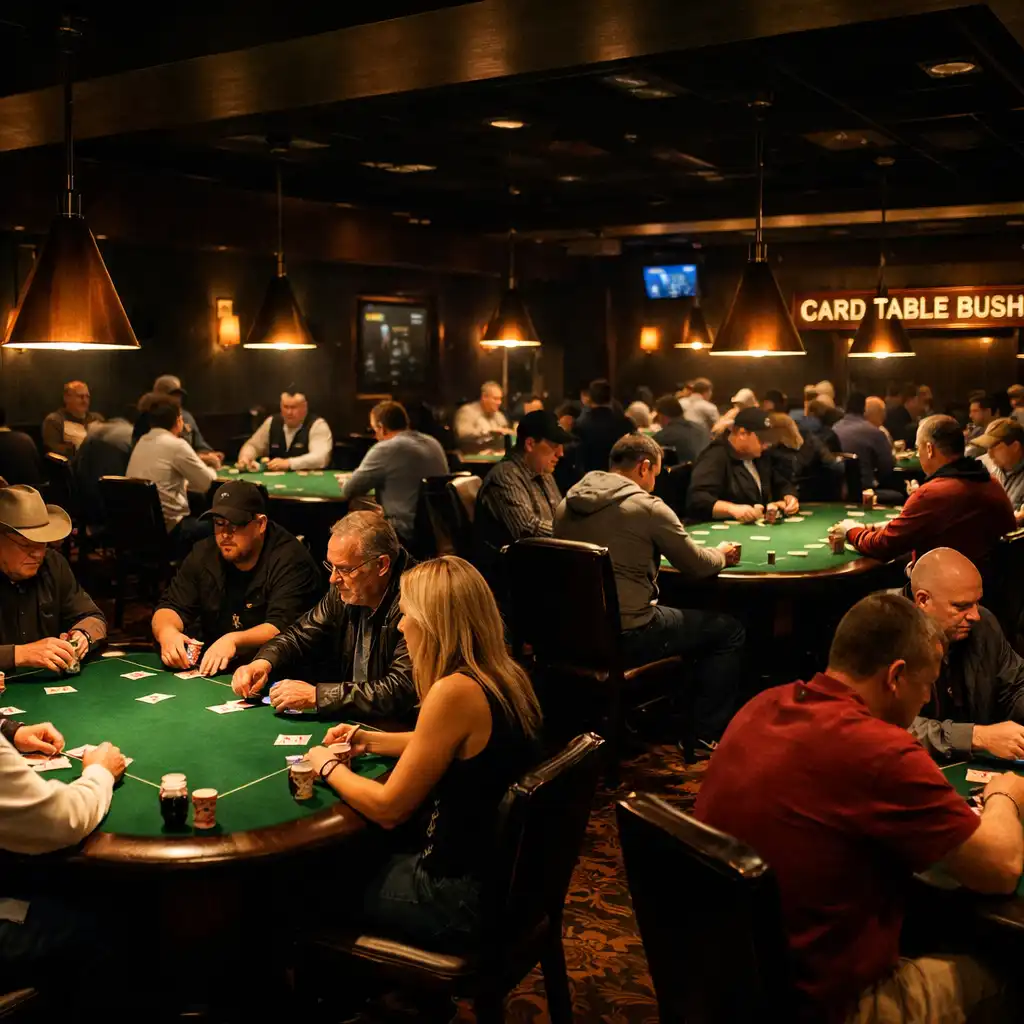 Wide view of the Poker Room with players seated at multiple tables under warm pendant lights