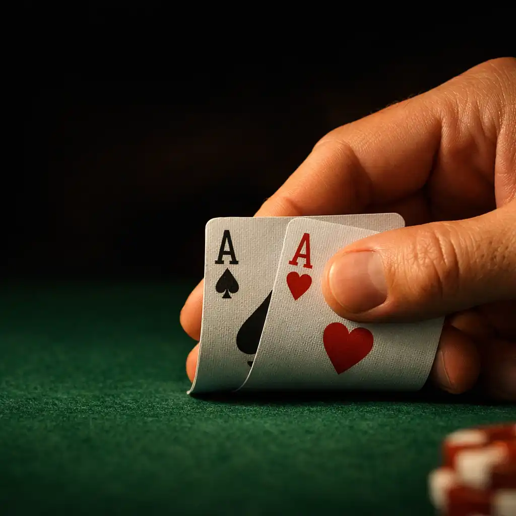Hands holding playing cards over a deep green poker table felt