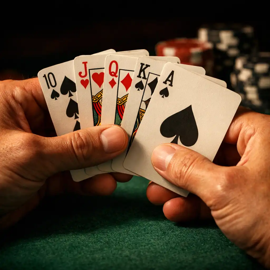 Two hands holding fanned playing cards at a poker table in warm light