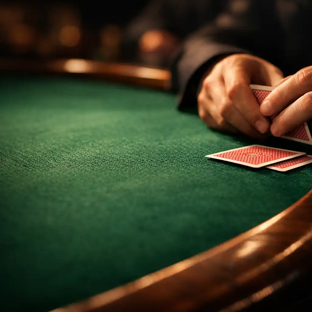 Close view of hands resting on a premium poker table with physical cards on deep green felt
