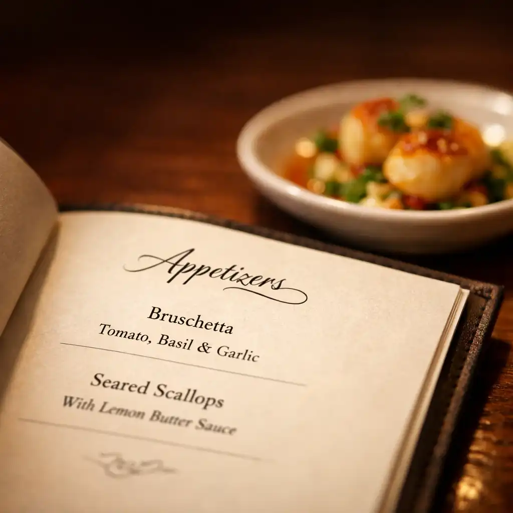 An open menu lying on a table next to a small, well-presented dish