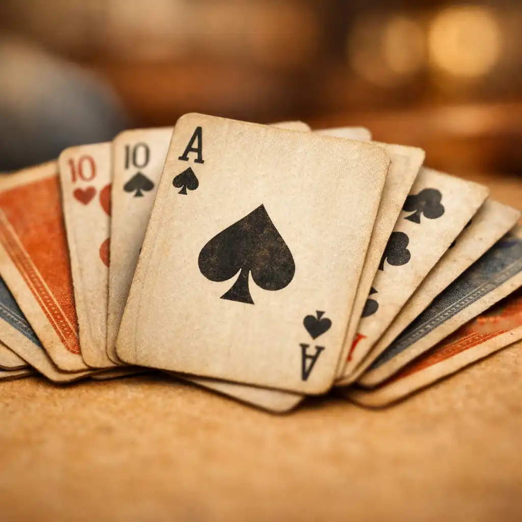 Macro photograph of playing cards spread on a warm sandstone lounge table, with soft blurred background