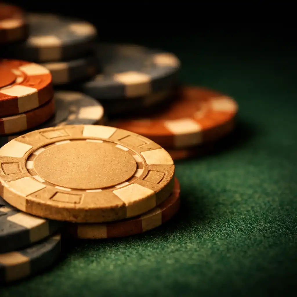 Macro photograph of poker chips on deep green felt, highlighting texture and warm lighting