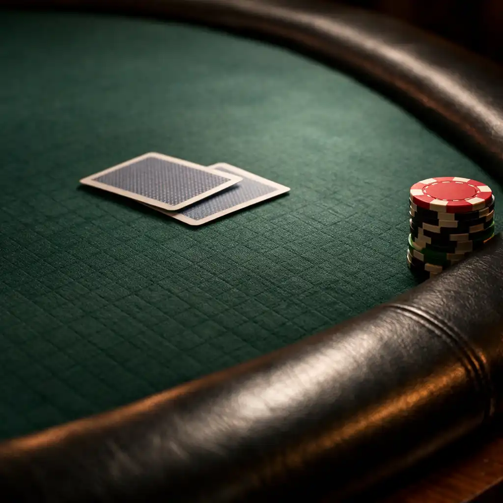 Close-up of a professional poker table surface with deep green felt, face-down cards, and a small stack of chips