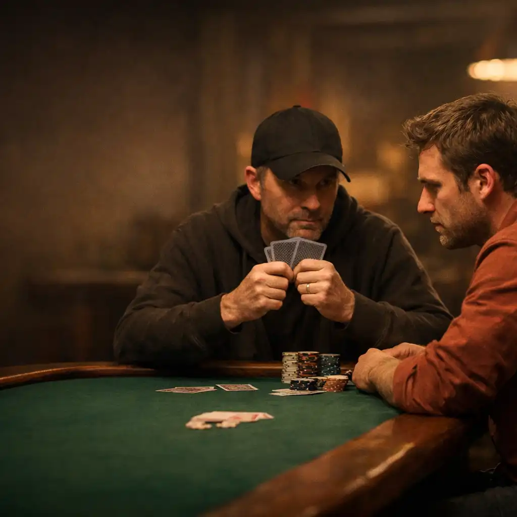Two poker players sitting across from each other at a poker table