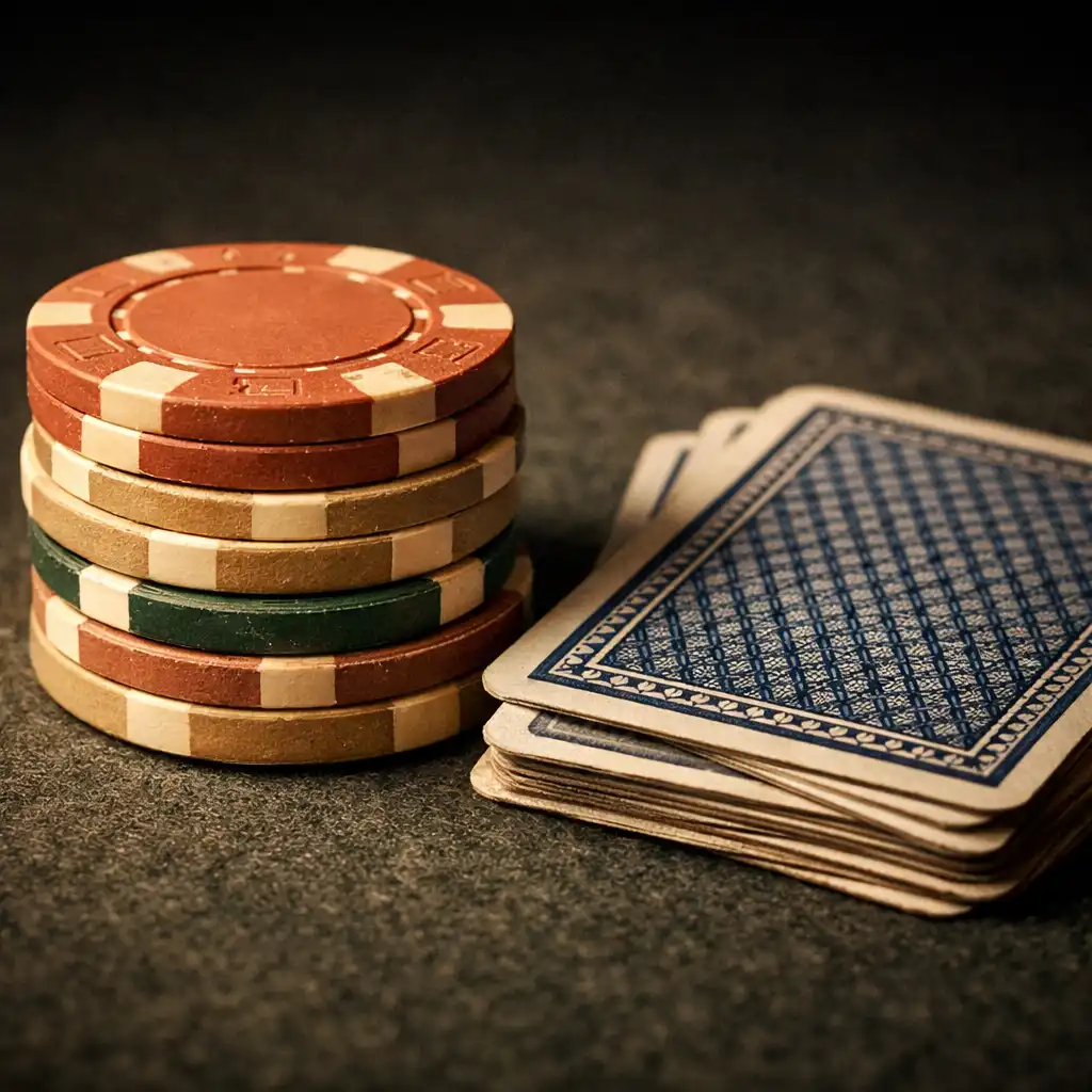 Macro view of poker chips and face-down playing cards resting on dark felt