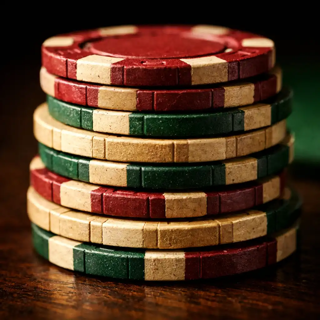 Close-up of a stack of poker chips on a dark wooden table