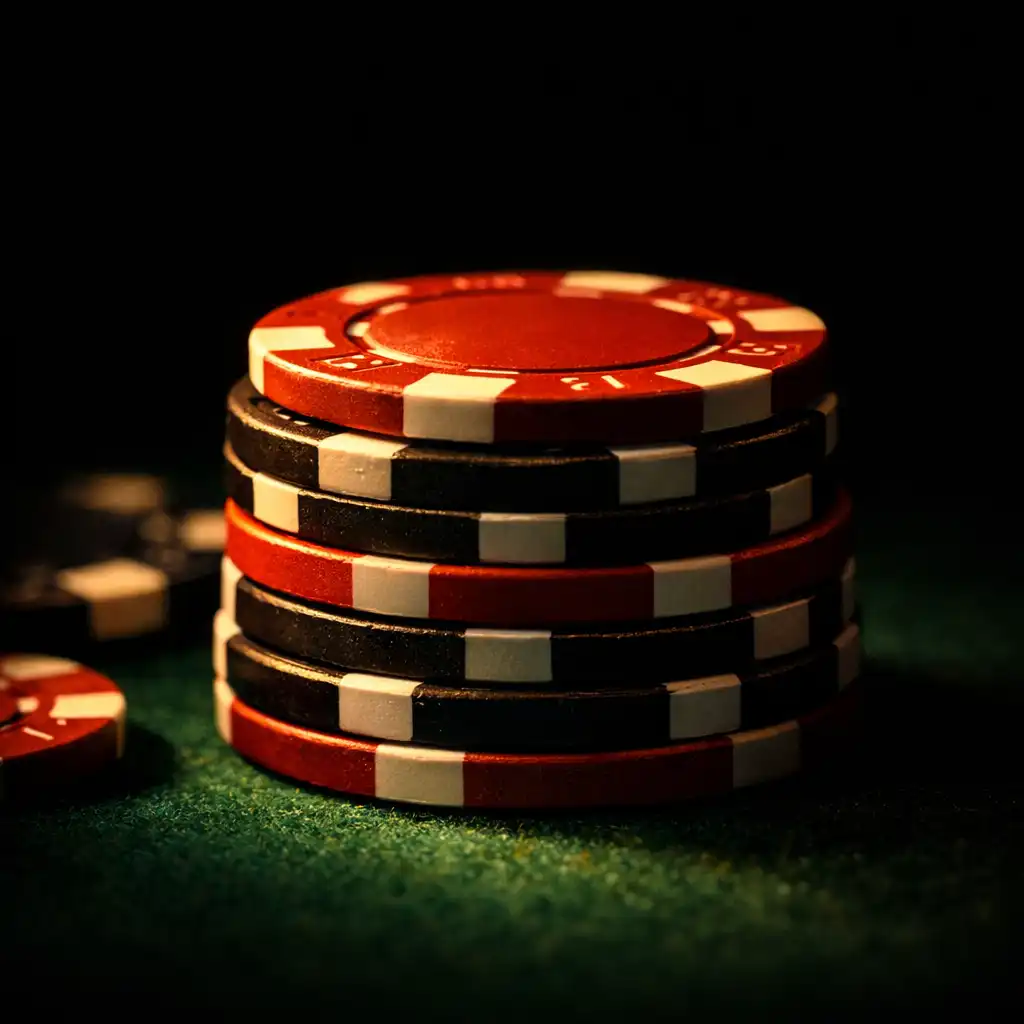 Poker chips catching warm light on a table in a dark evening setting