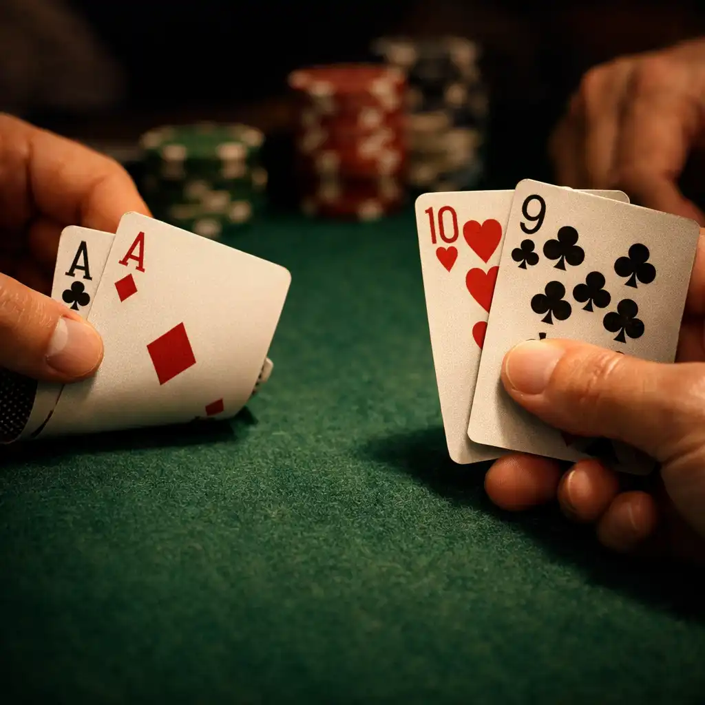 Close-up of players' hands holding cards over the felt during a focused poker game at Card Table Bush