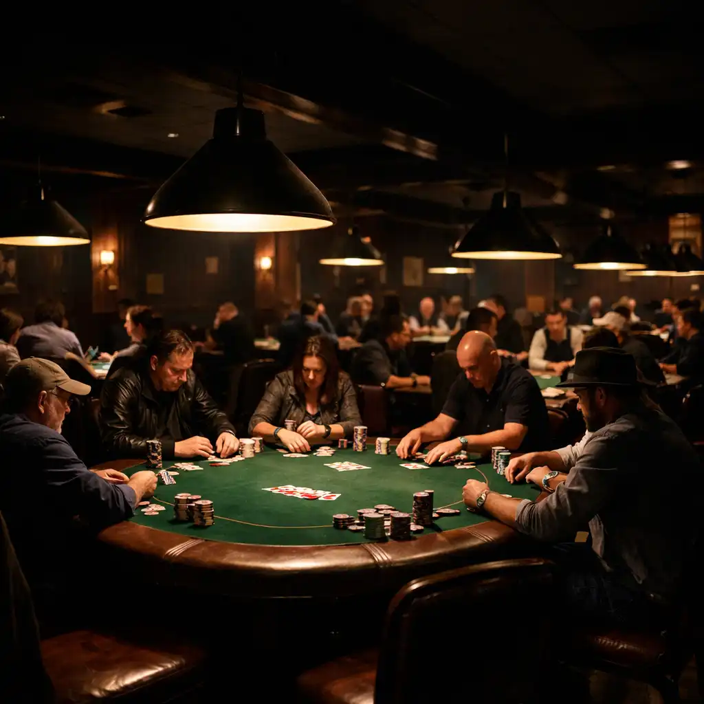 Wide view of the Card Table Bush Poker Room at night with players seated at real poker tables under warm lighting