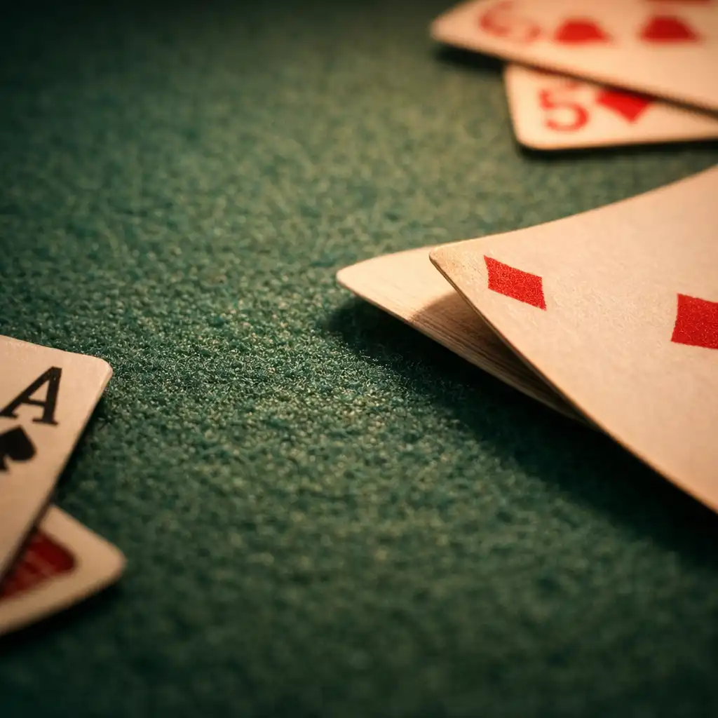 Extreme close-up of deep green poker table felt with playing cards scattered across the surface