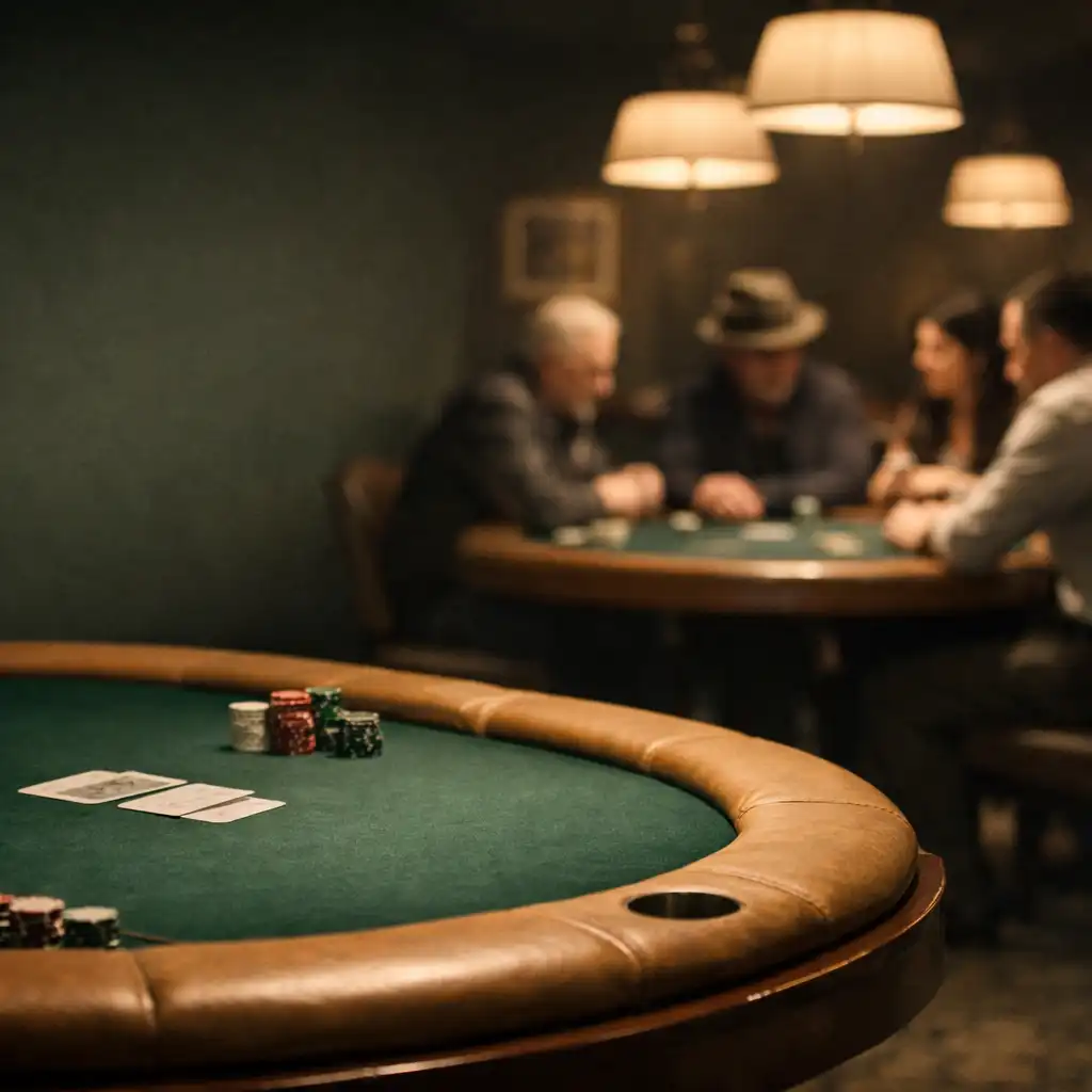 Premium poker room interior with focused players around a green felt table