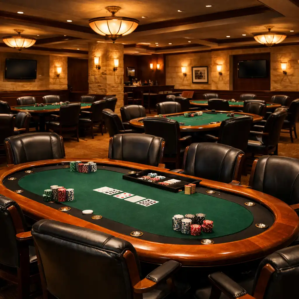 Wide view of the premium Poker Room with real poker tables