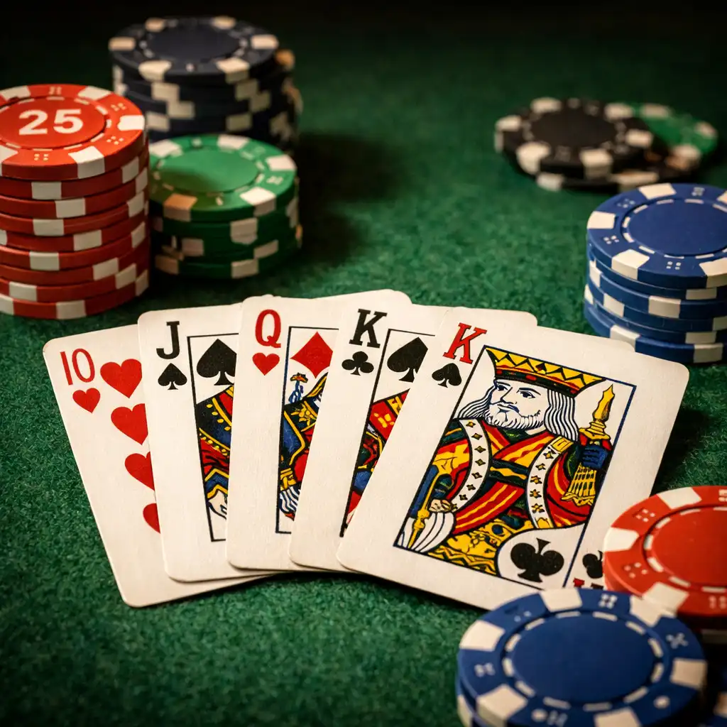 Close-up of a real poker table with physical cards and clay chips