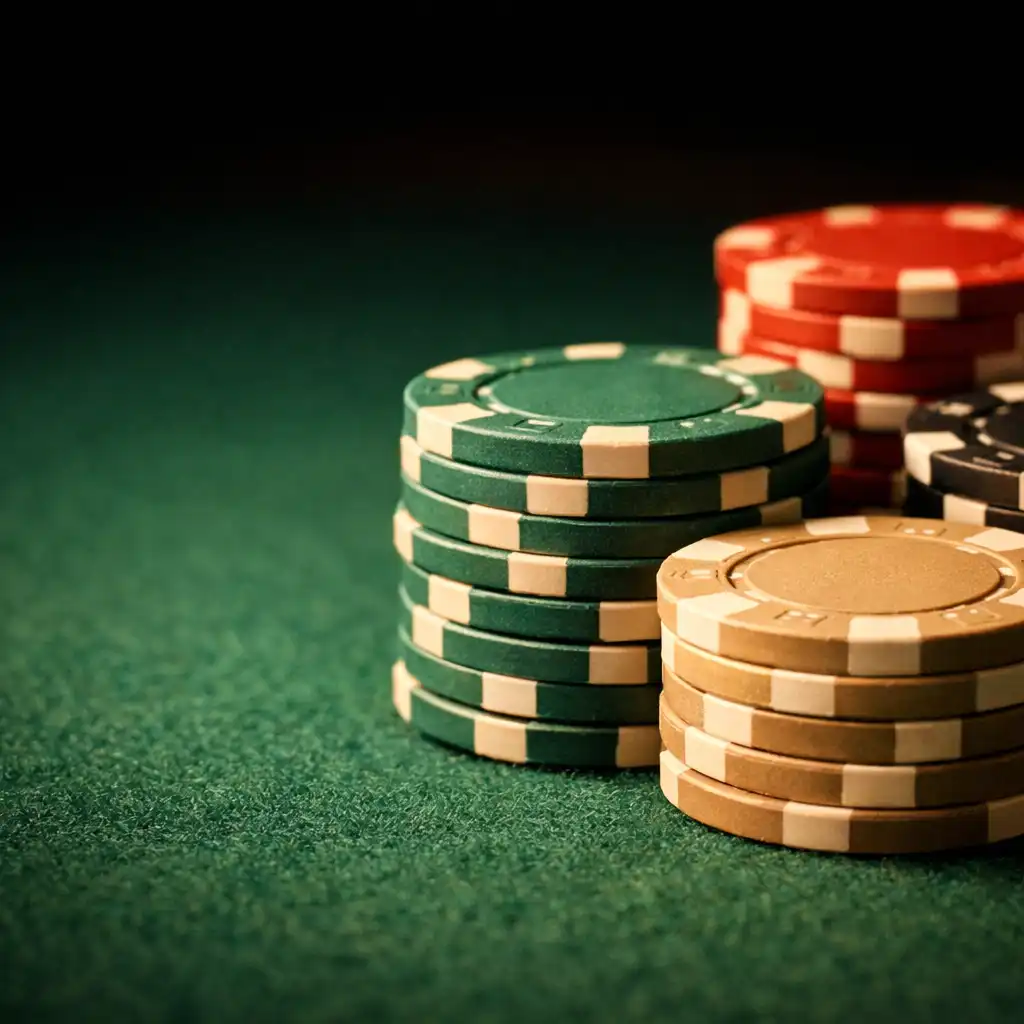 Poker chips stacked on a deep green felt poker table