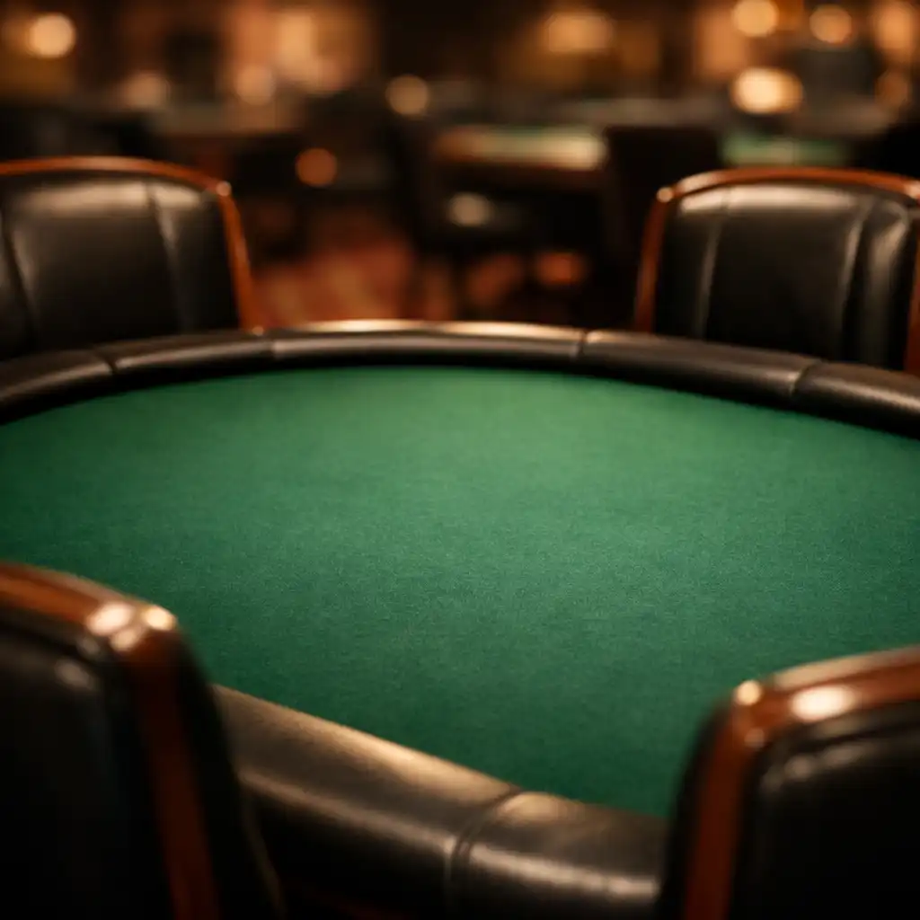 An empty premium poker table with chairs pulled up, suggesting a reserved private table