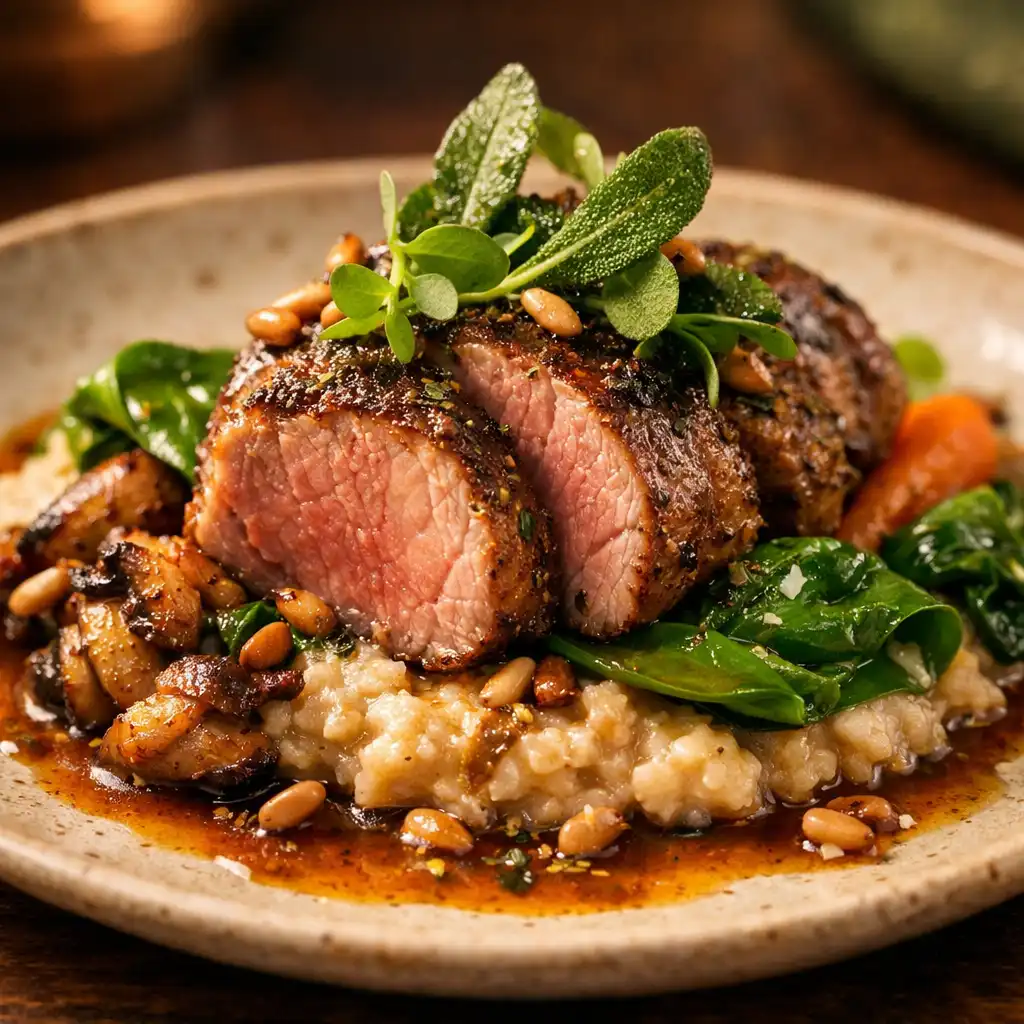 A plated dish on a dark wooden table in warm, soft light