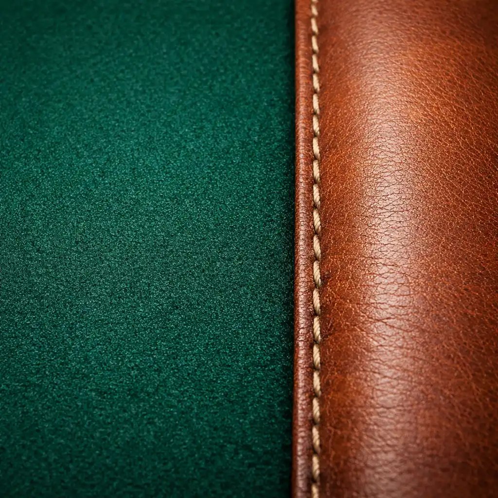 Macro photograph of the seam between a poker table felt surface and its padded rail