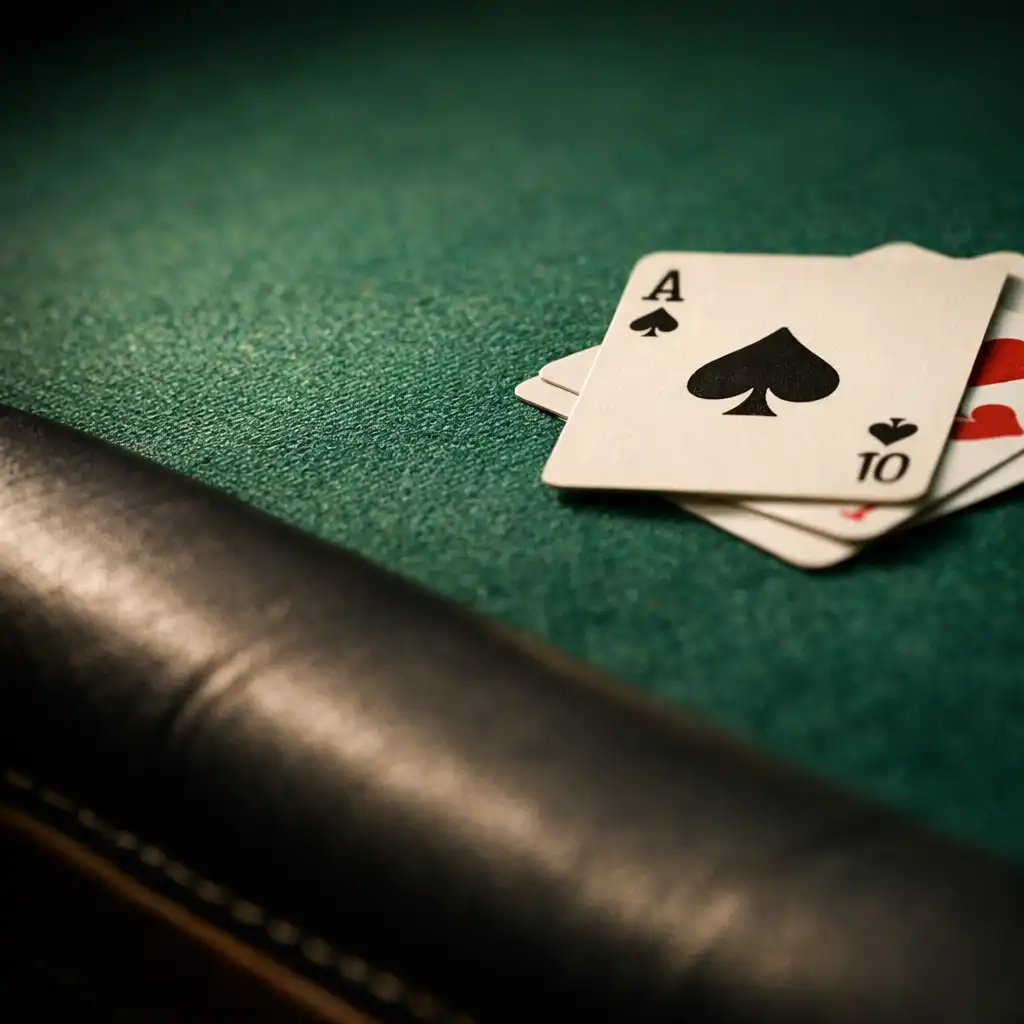 Macro photograph of the edge of a poker table showing the deep green felt surface and padded rail